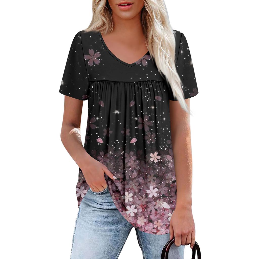 Women's Casual V-Neck Short Sleeve Chest Ruffle Printed Top