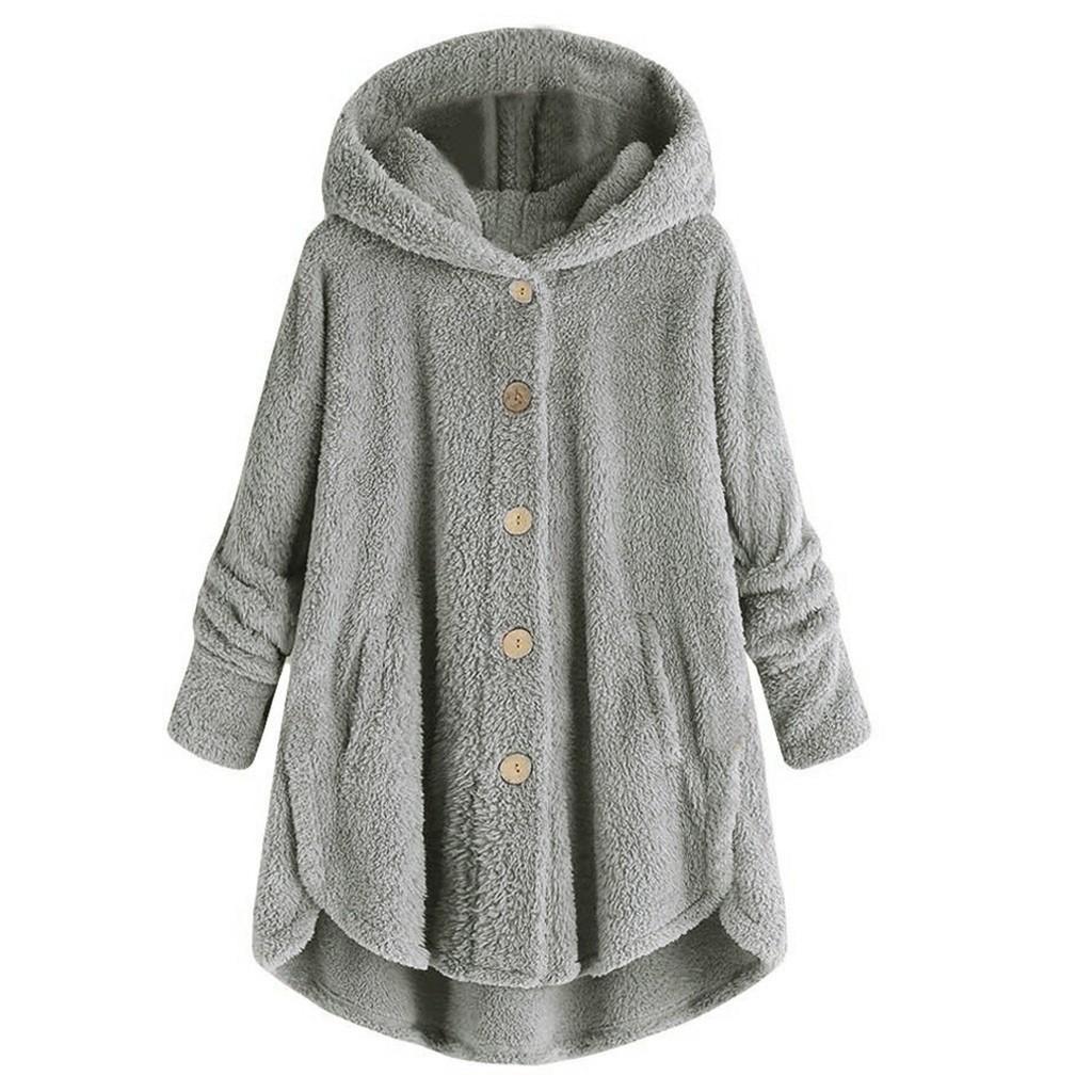 Women Plus Size Button Plush Tops Hooded Loose Cardigan Wool Coat Winter Jacket