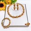 Gold Plated 4Pcs Jewelry Set, Red Crystal & Mesh Bead Necklace Bracelet Earrings Ring for Women Wedding Party