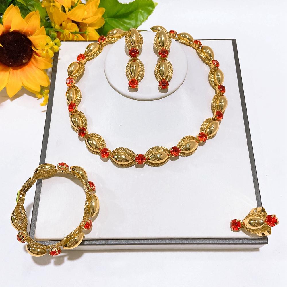 Gold Plated 4Pcs Jewelry Set, Red Crystal & Mesh Bead Necklace Bracelet Earrings Ring for Women Wedding Party