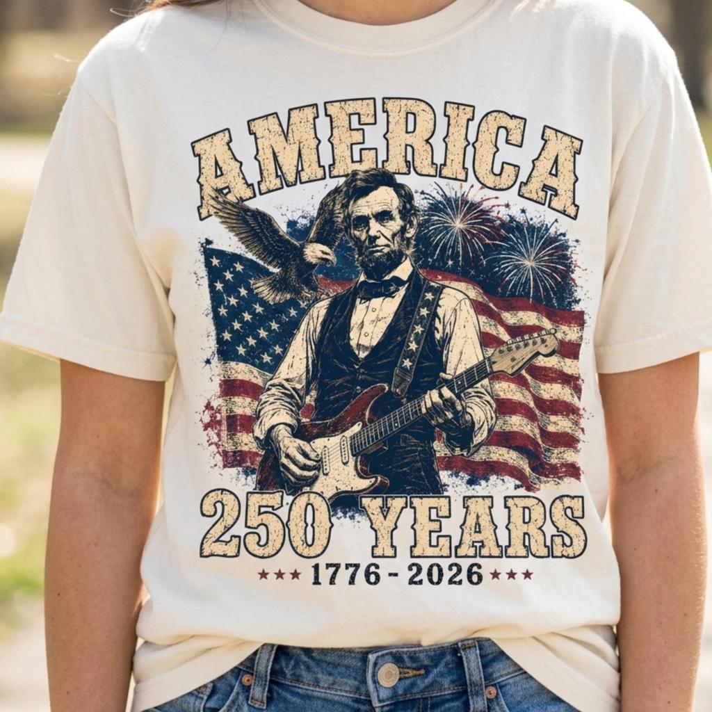 America 250 Shirt,Abraham Lincoln Guitar Tee,USA 250th Anniversary Shirt, Patriotic Eagle Graphic Tee,Vintage American Flag Shirt,1776-2026