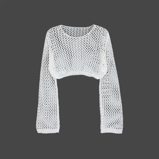 Women Cover Up Tops Round Neck Long Sleeve Hollow Fishnet Design Quick-Drying Breathable Blouse Loose Fit Beachwear