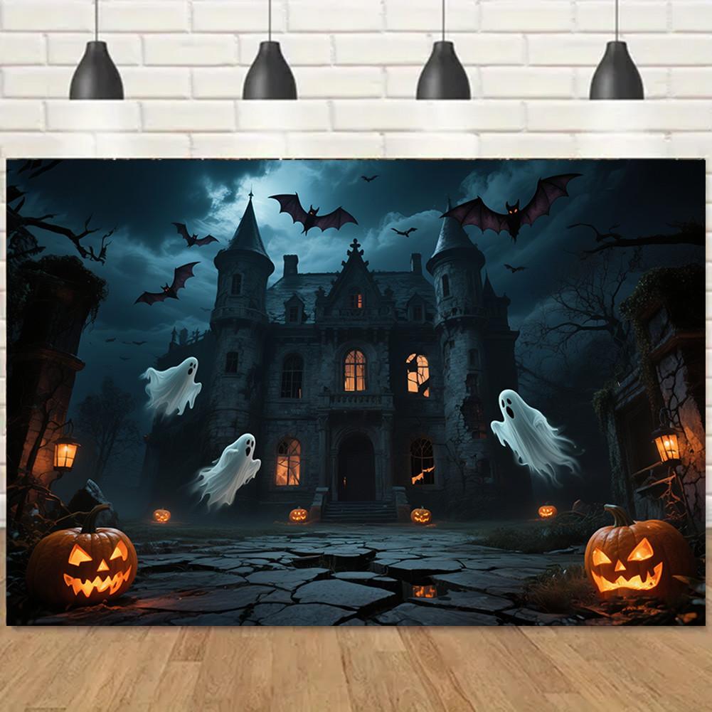 Фон для Хэллоуинской вечеринки с элементами тыквы, замка, летучей мыши, привидения для фотобудки, мероприятия, праздника, настенного декора