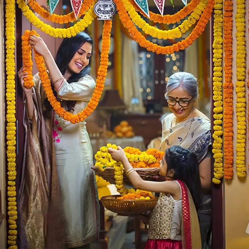 Artificial Marigold Flower Garland Plastic Wreath for Diwali Festival Mexican Day of The Dead Christmas Party Home Decoration