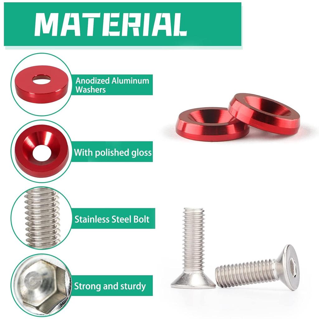 YESHMA 30 Pcs Bumper Fender Washers M6X20Mm With Bolts, Engine Bay Dress Up Fastener Kit Aluminum For Headlights Trunk License Plate Frame (Red)