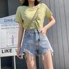 Classic and Minimalist Fashion Versatile Broken Holes Female Summer High-waisted Thin Outside The Wear Raw Edge A-line Denim Shorts Individuality