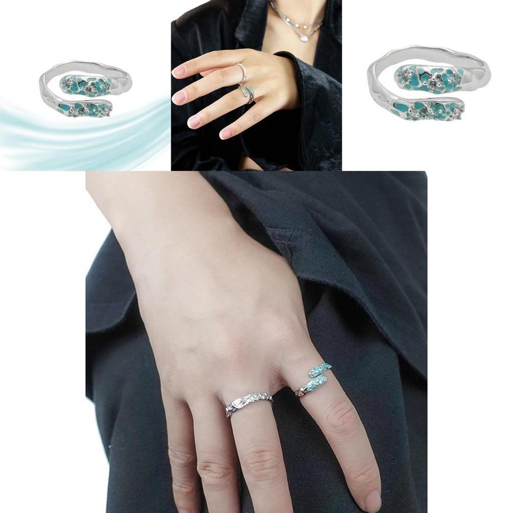 Elegant Adjustable Geometric Copper Ring With Teal Blue Resin And Zircon Embellishments