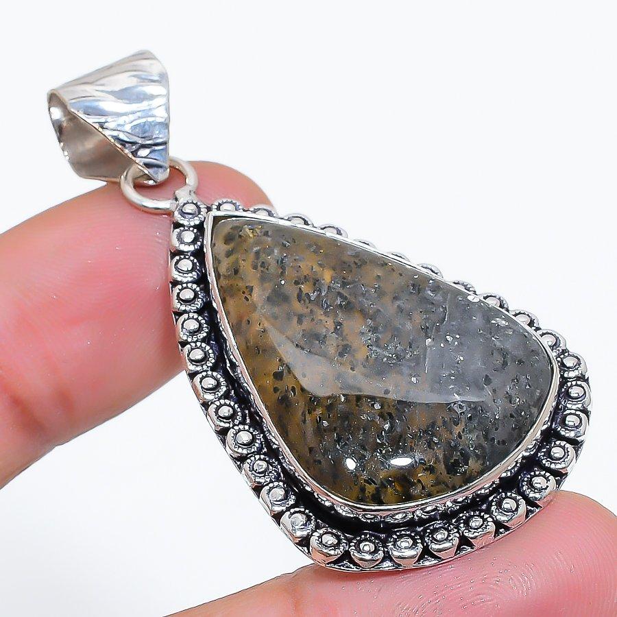 Indian Moss Agate Gemstone 925 Sterling Silver Jewelry Pendant 2.09" SU-10729