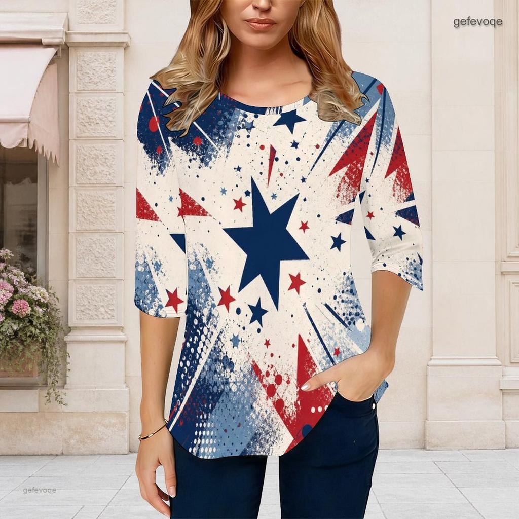Women Plus Size Round Neck Three Quarter Sleeve Printed T Shirt Red Navy Silver Star Pattern Curved Hem
