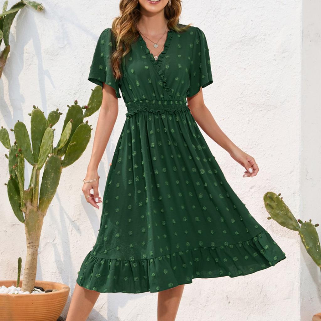 Women's Casual Polka Dot Ruffle Dress Summer V Neck Swing Dress Wedding High Waist Midi Dress Elegant Cocktail Sundress