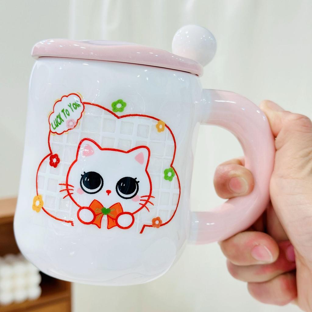 Cat Cup Household Set High Temperature Resistant Water Cup with Lid Spoon Cartoon Mug High Appearance Large Capacity Ceramic Cup