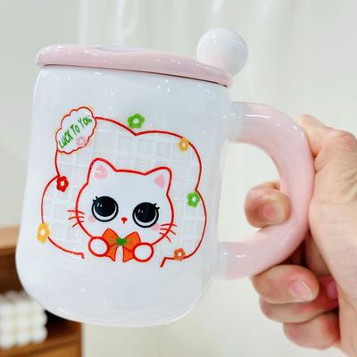 Чашка для кошек, набор для дома, термостойкая чашка для воды с крышкой, ложкой, мультяшная кружка, эффектная, большая емкость, керамическая чашка