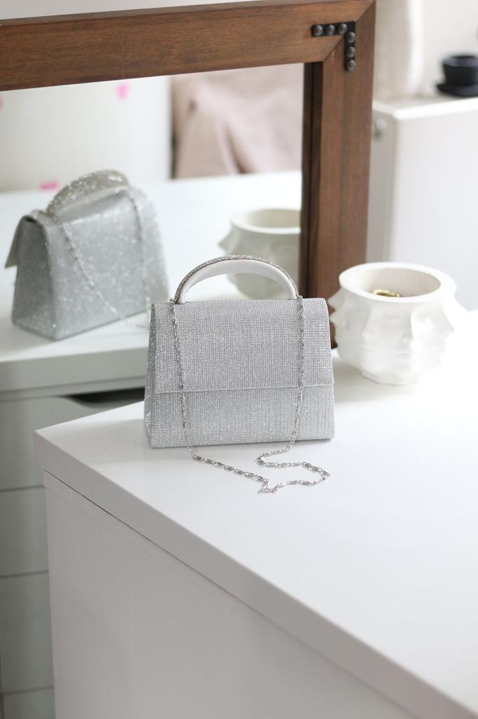 Women's Stylish and Useful Evening Dress Bag Women's Silvery Gold Stone Detailed Evening Dress Shoulder Bag