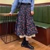 Новая японская женская юбка-миди Mori Girl с высокой талией, темно-синяя, коричневая юбка с цветочным принтом и кружевными оборками, винтажная элегантная вельветовая юбка