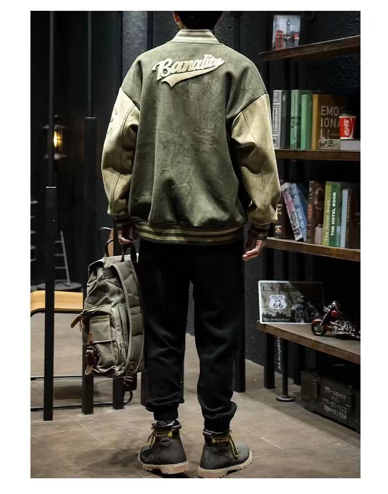 Мужская замшевая вышитая куртка-бомбер в стиле ретро - Весна/Осень