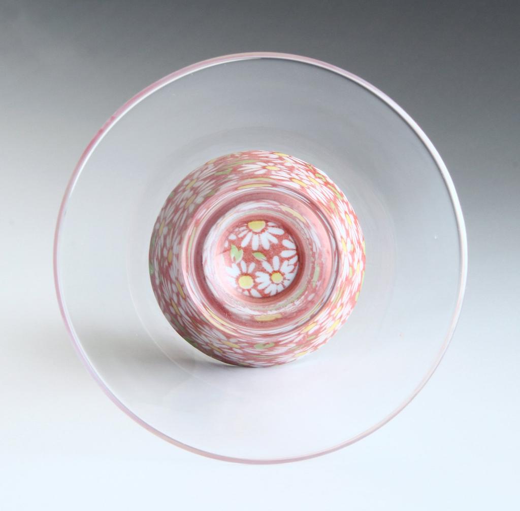 Arita Ware Roman Glass SAKE GLASS, Trapezoid, Small Red Chrysanthemum Design, HT-18-7