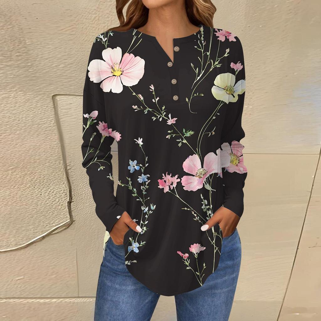 Модная свободная футболка с длинным рукавом и цветочным принтом на пуговицах, топ-пуловер