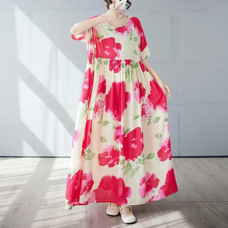 Простая и модная длинная юбка, летнее платье с короткими рукавами и круглым вырезом с принтом