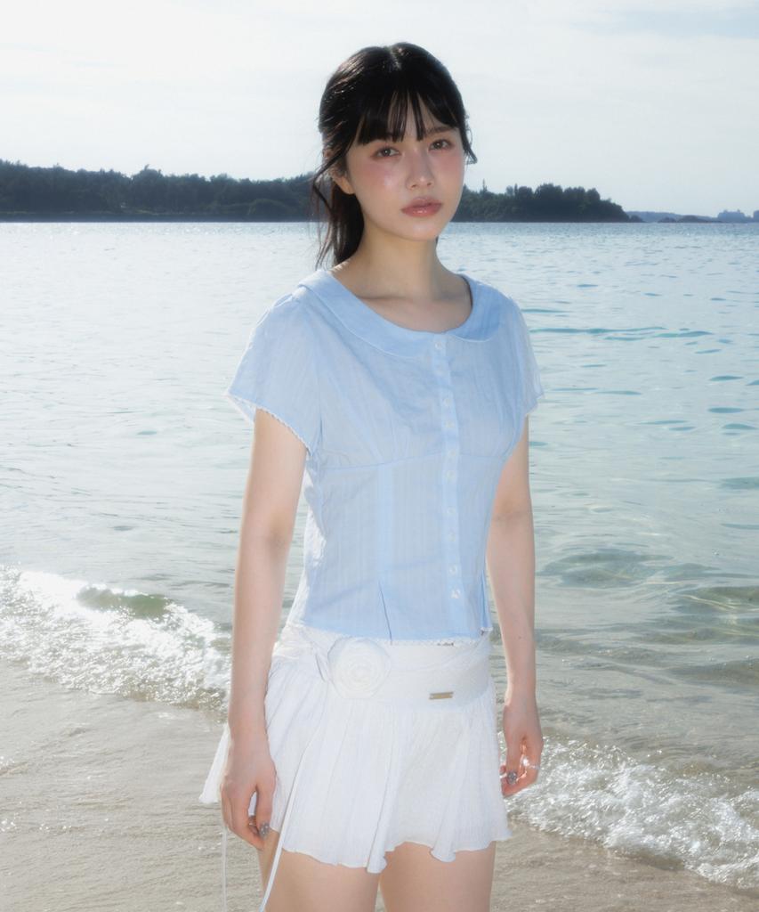 ROSEFRANTZ Round Collar Short Sleeve Blouse [Sky Blue]