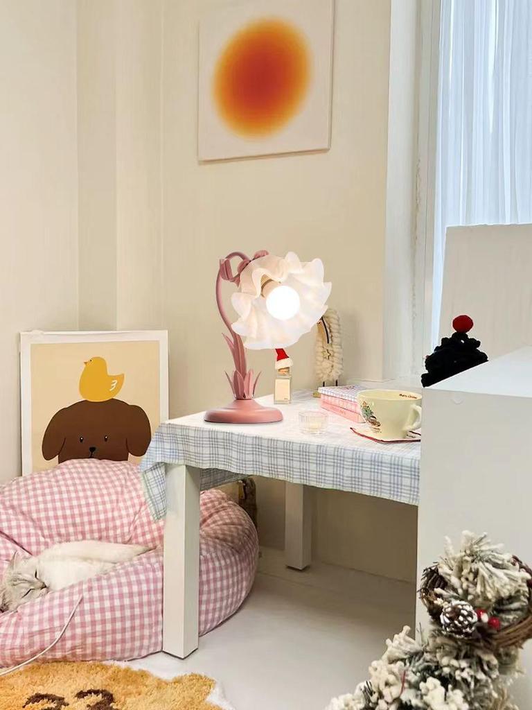 Ins Style Floral Bedroom Bedside Lamp for Teens - Eye-Caring Night Light & Study Desk Lamp