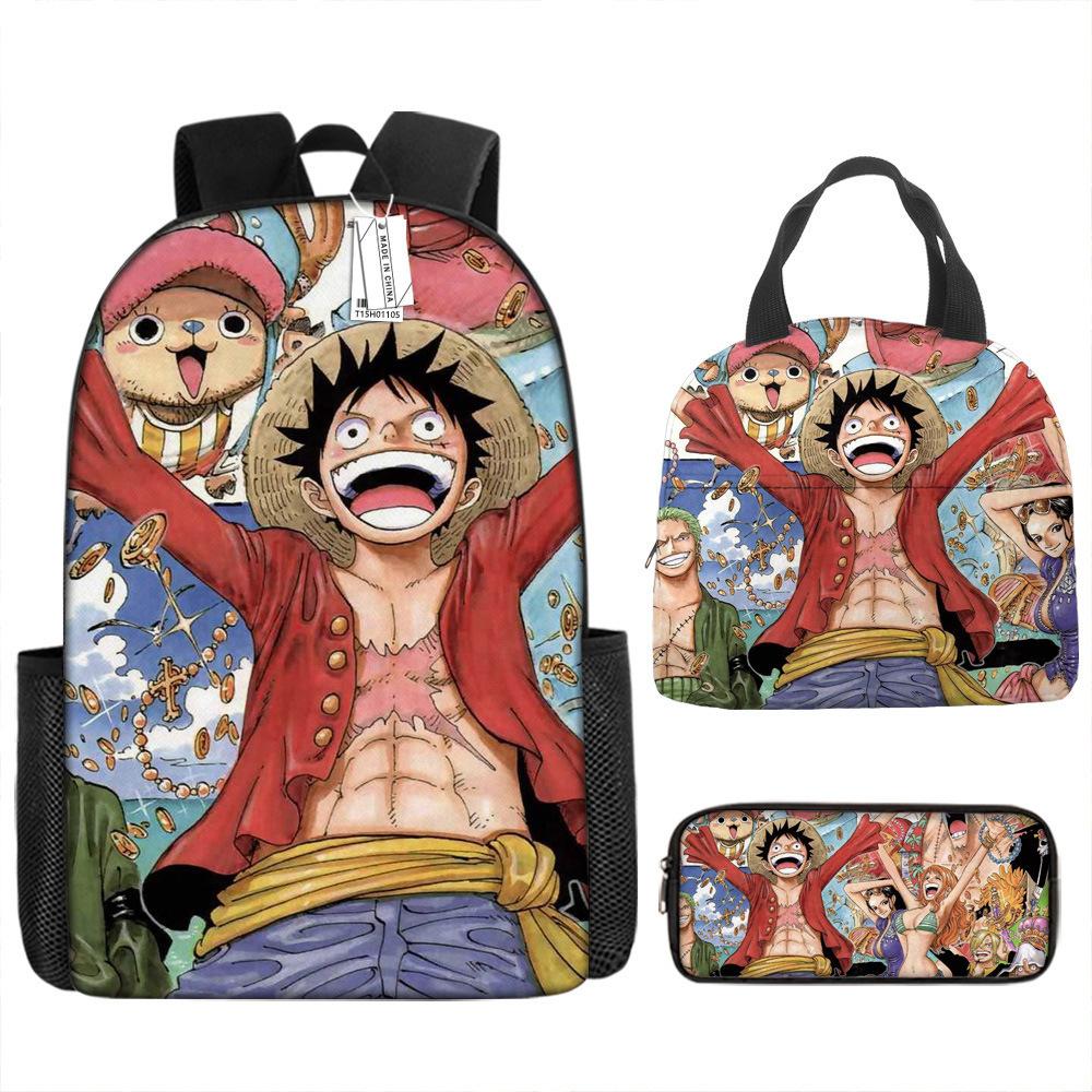 One Piece Luffy Backpack 3-Piece Set Student School Bag Anime Backpack Lunch Box Classic Large Capacity Waterproof