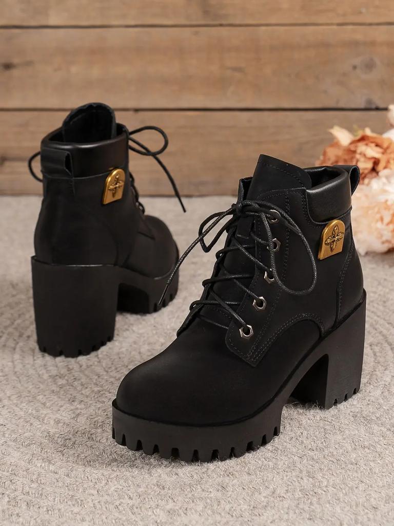 Fashion Women Retro Round Toe Chunky Heels Ankle Boots Autumn New High Heels Shoes Woman Lace Up Platform Short Booties Big Size 42