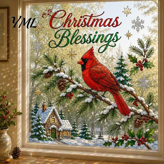 Waterproof Seasonal Wall Stickers 2Pcs Christmas Stickers, Snowy Cottage Tree Self Adhesive Decals, PVC Party Snow Scene Holiday Decals for