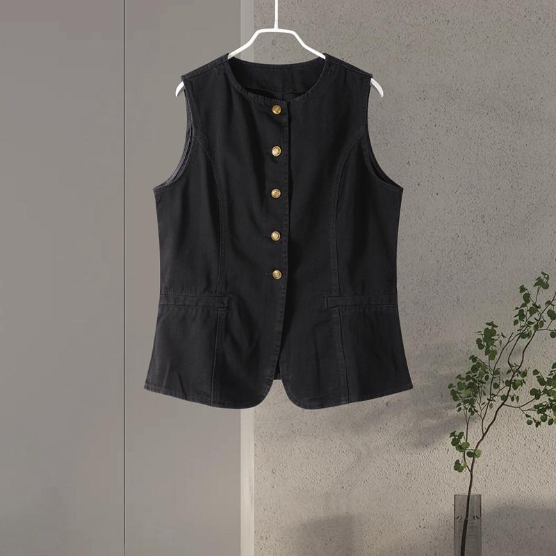 Fashion Button Denim Vest Women's Round Neck Sleeveless Solid Color Jacket Temperament Casual Vest Commute Harajuku Style Spring and Summer New
