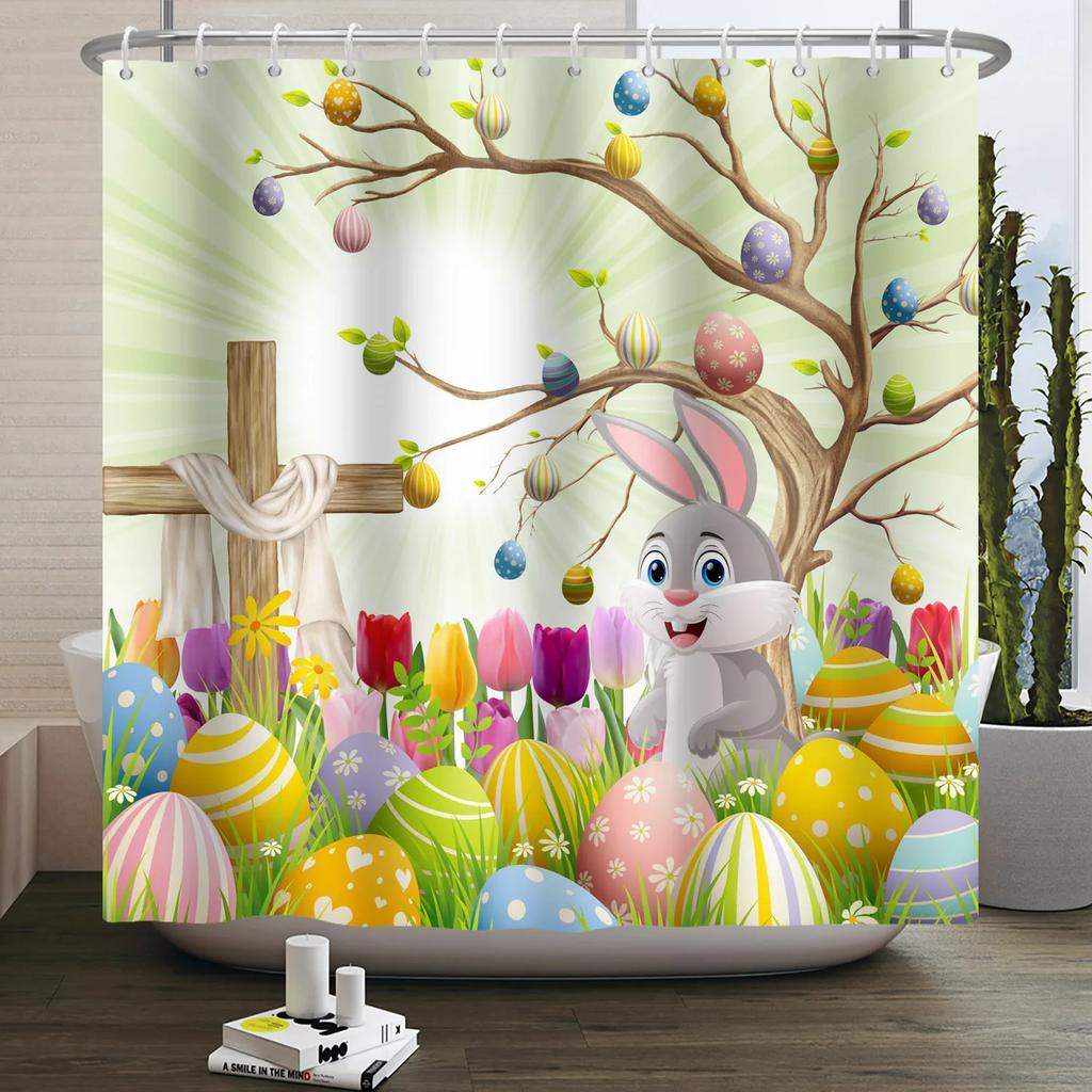 Весенняя Пасхальная Занавеска для душа Счастливый Кролик Кролик Яйца Цветочный Сад Цветочный Праздничный Водонепроницаемая Занавеска для душа для ванной комнаты с крючками