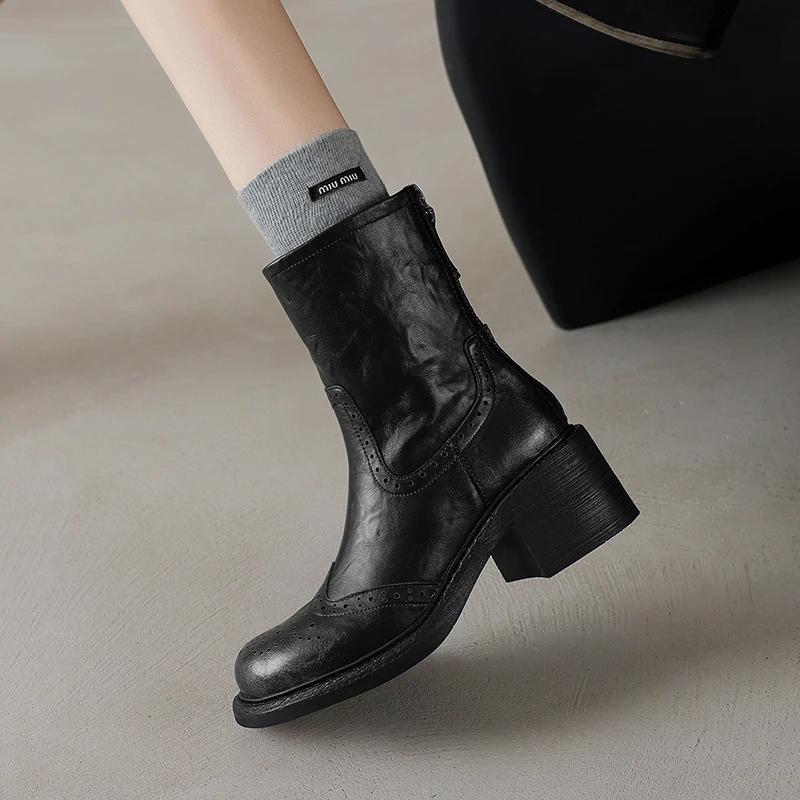 Fashion 2024 Winter Genuine Leather Women Boots Autumn Women Shoes Brogues Vintage Block Chelsea Boots Retro Ankl Boots