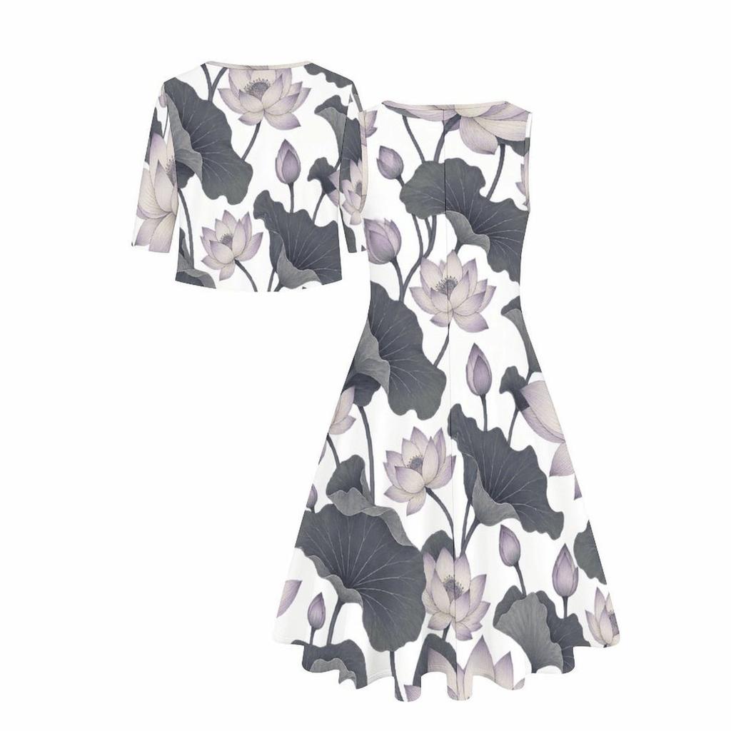 Women Plus Size Two Piece Set Round Neck Sleeveless Flared Dress Short Sleeve Cropped Cardigan Printed Floral Leaf