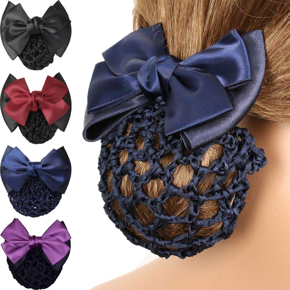 Elastic Women Girls Bowknot Decor Headdress Snood Net Barrette Bun Cover Hair Clip