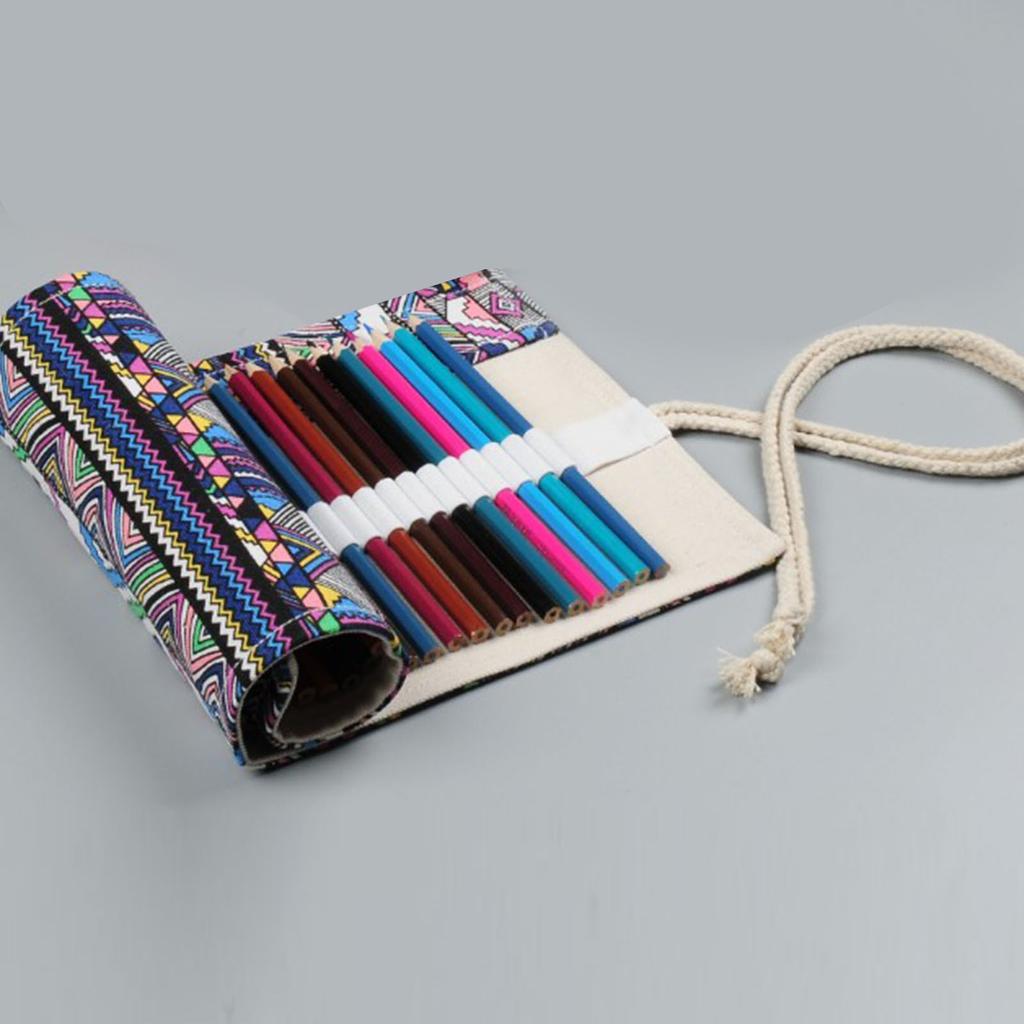 Pencil Wrap Roll Up 72 Slots  Ethnic Style Soft Thick Canvas Pen Curtain for Artist Author Chi