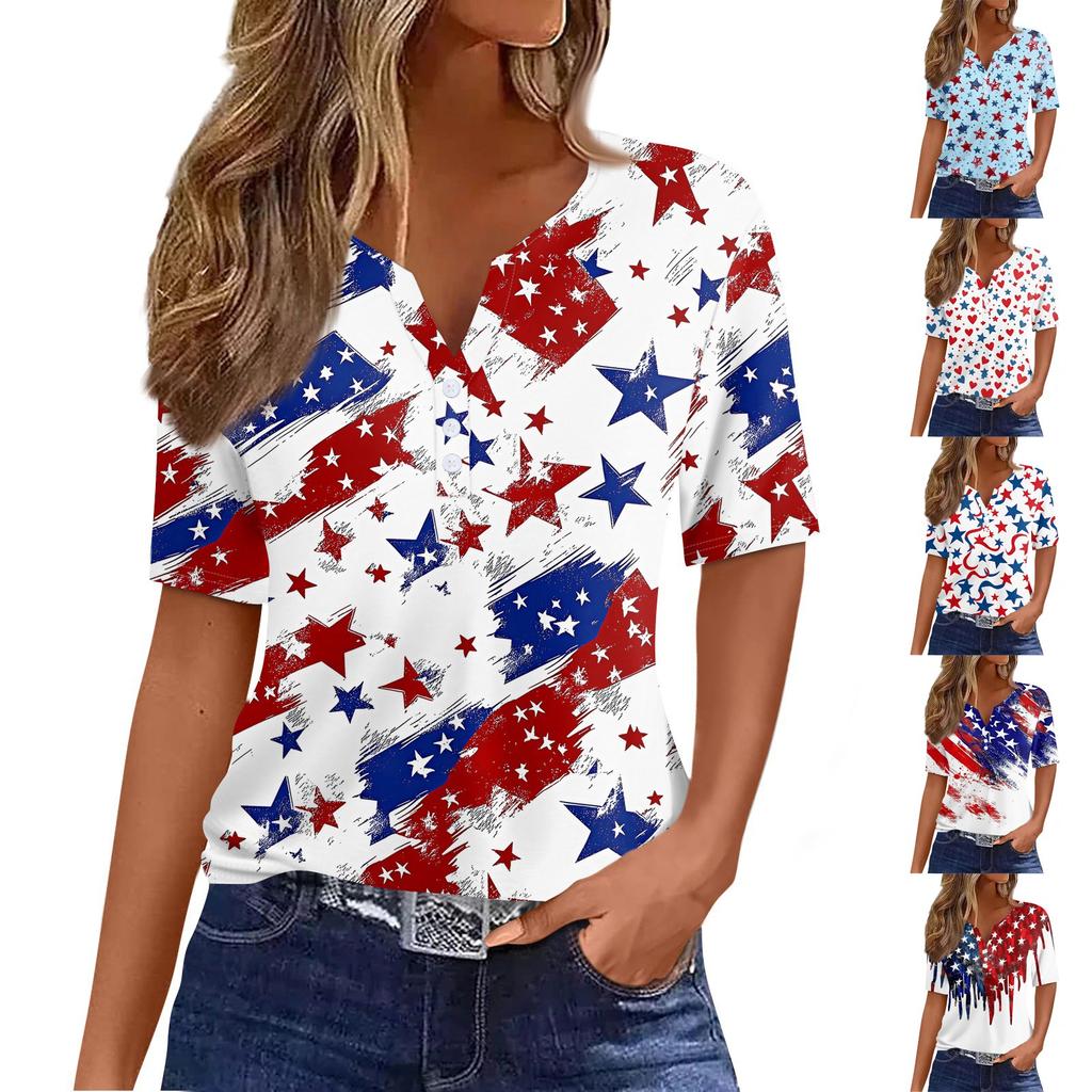 Women's T Shirt Independence Day Print Button Short Sleeve Daily Weekend Fashion Basic V- Neck Regular Top