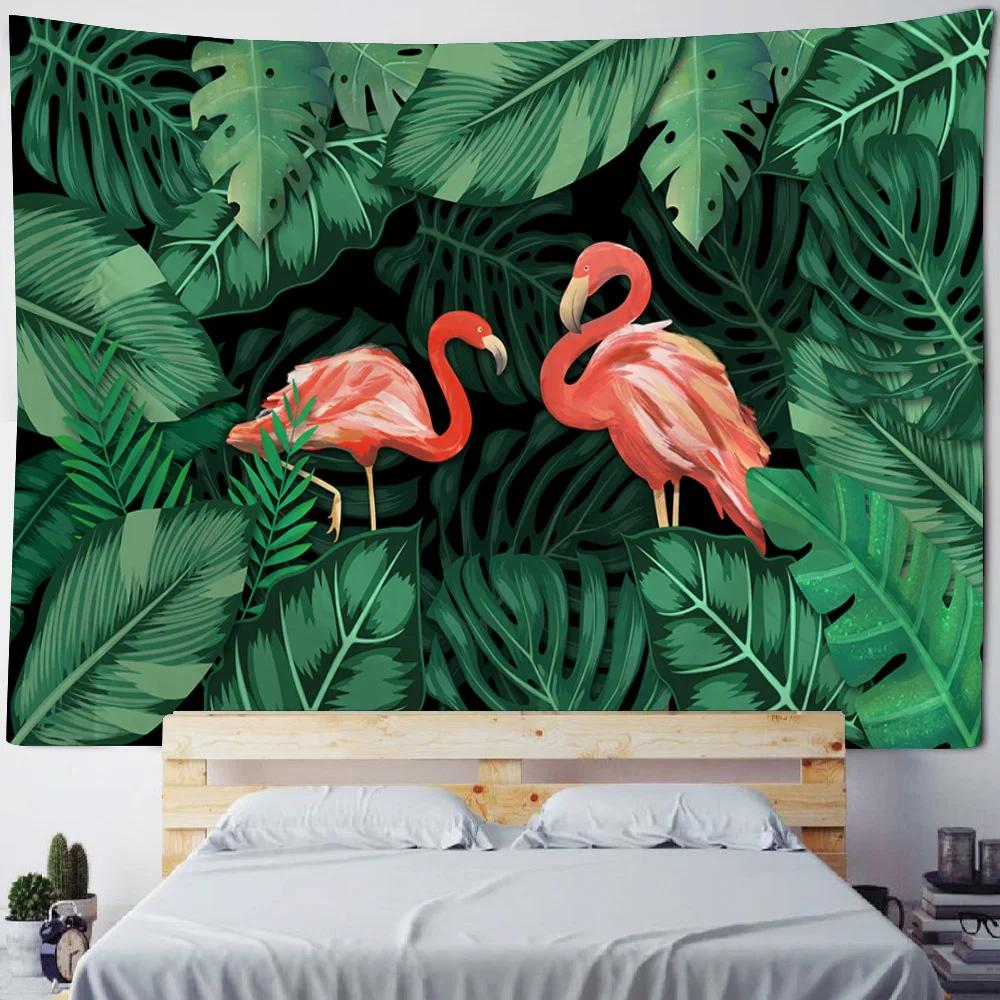 Summer Tropical Fantasy Flamingo Plants Palm Leaves Tapestry Wall Hanging Fabric Guest Hall Party Background Decoration