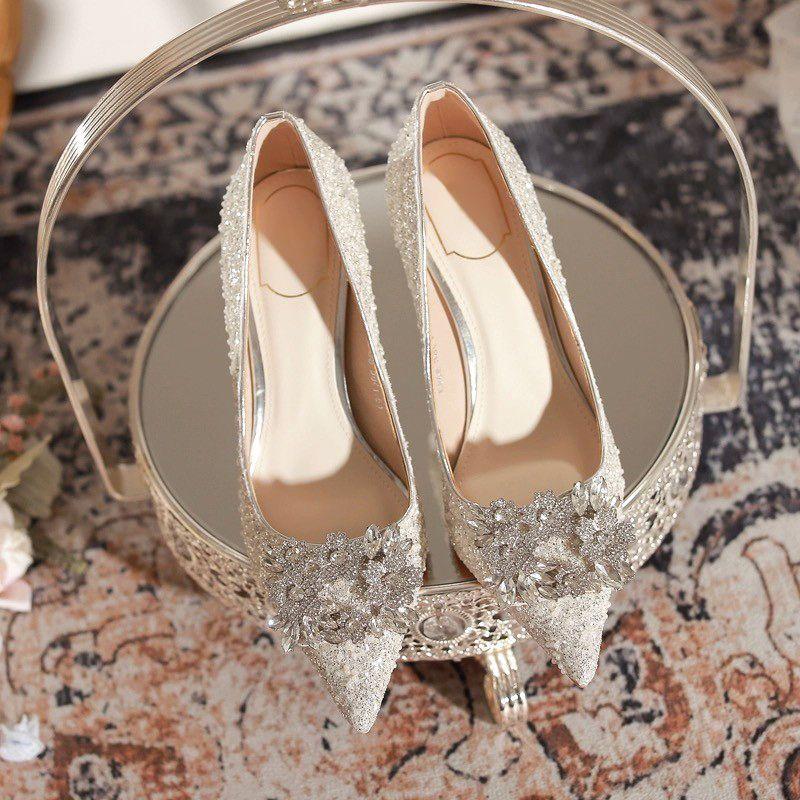 French Bridal Wedding Shoes Women's Silver Wedding Dress Main Wedding Dress Show Two Wear Crystal Shoes Stiletto High Heels