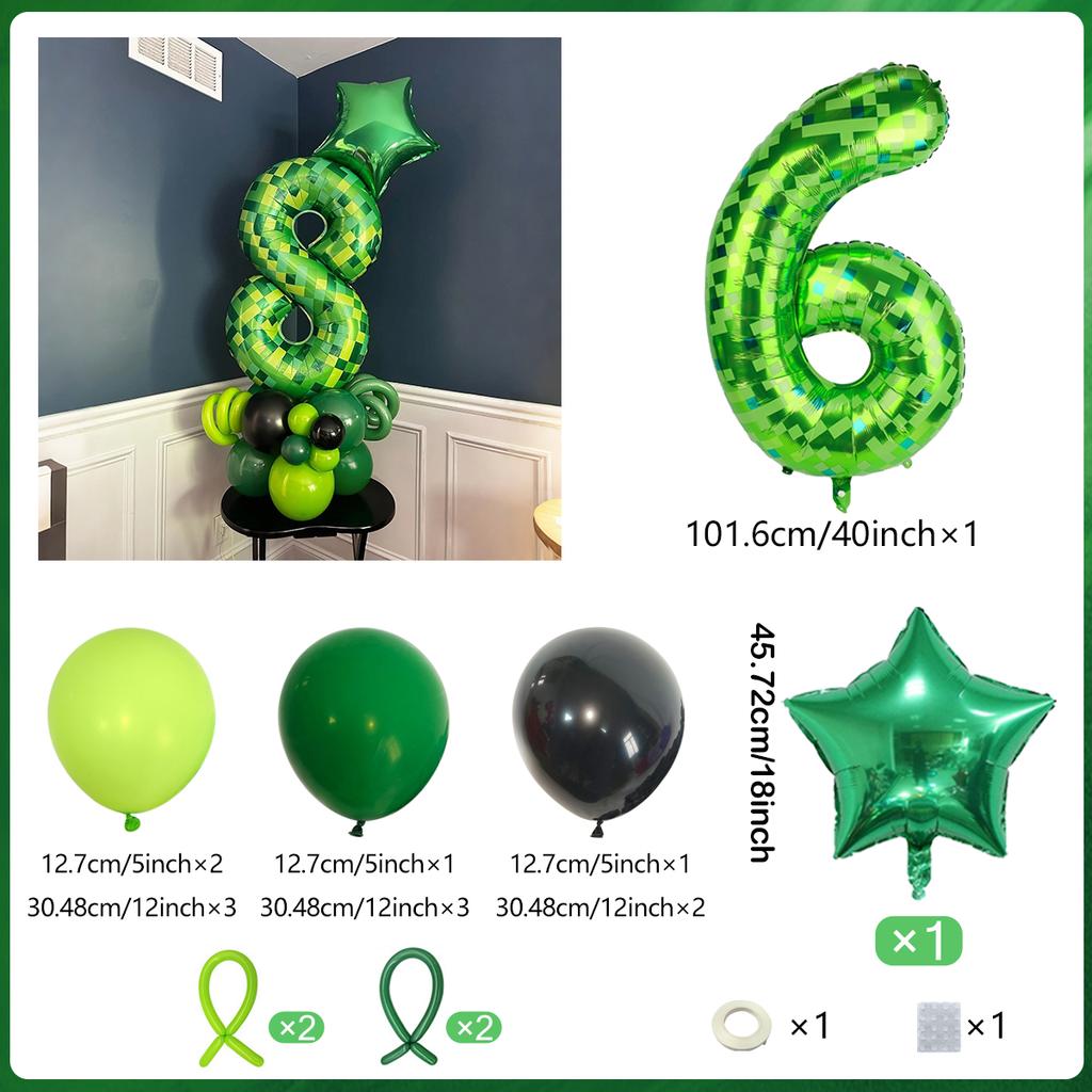40 inch green pixel digital balloon set (0-9) pentagram aluminum foil balloons for decorating boys and girls' birthday parties