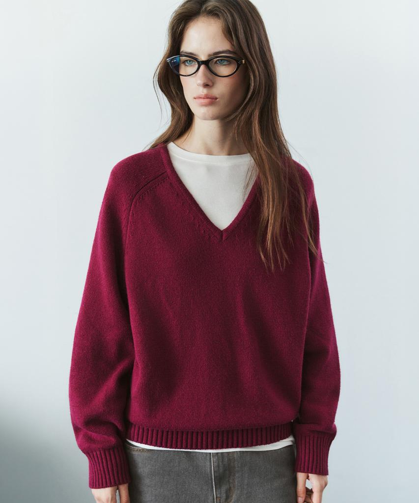 SIYAZU Sikn2156 Wool Blend Loose V-Neck Knit_Wine
