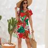 Summer Floral Printing Drawstring Dress V-neck Short Sleeve Vacation Casual Loose Fitting  Short Dress