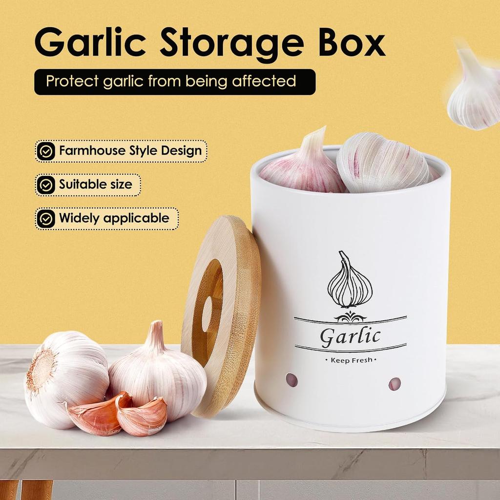 Garlic Keeper Fresh Keeping Garlic Storage Box with Wood Lid Ginger Canister Container 11x11x13.2cm Large Capacity Kitchen Saver for Countertop