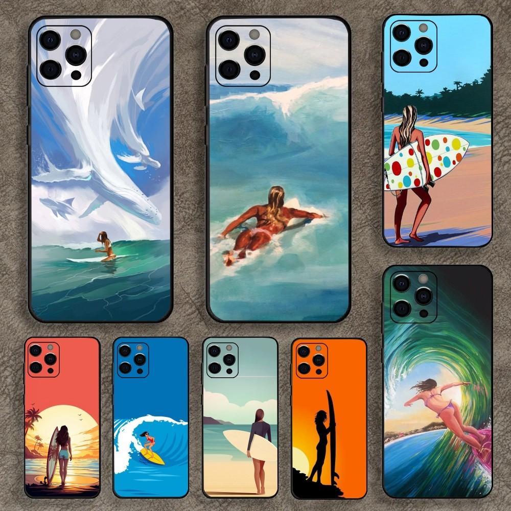Surfboard Surfing Art Surf Girl Phone Case For Apple iPhone 15,14,13,12,11,Pro,X,XS,Max,XR,Plus,Mini Soft Black Cover