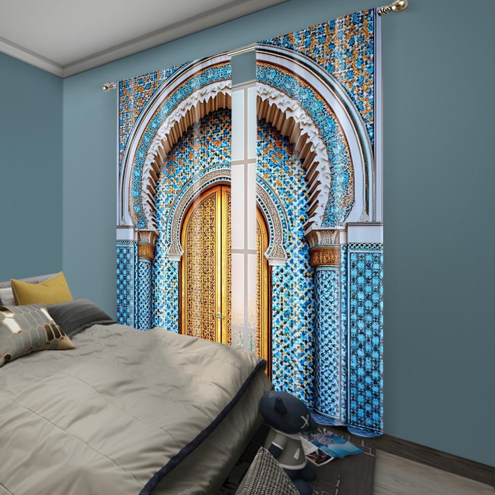 2pc, Curtain Ancient Morocco Palace Door Print Durable Polyester,Without Electricity Versatile Suitable for Multipurpose Event