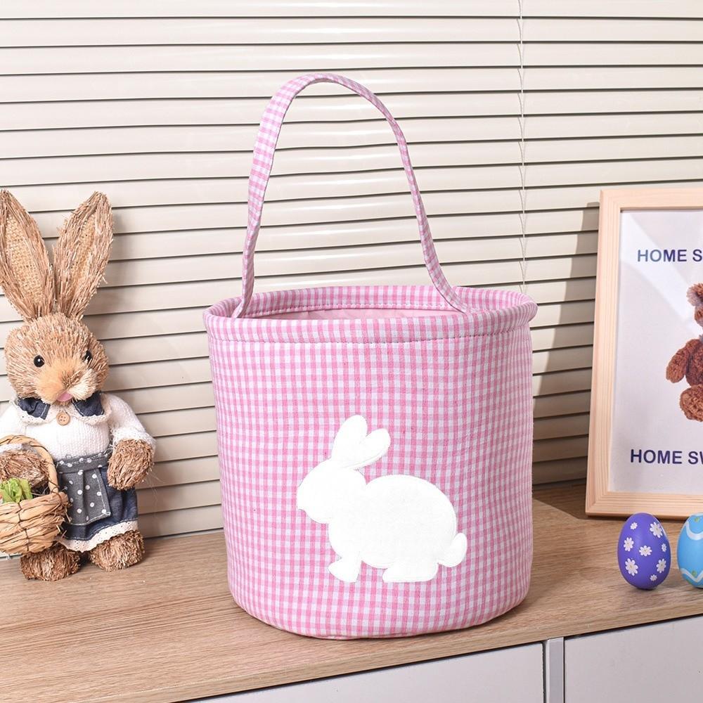 Embroidery Easter Rabbit Basket Plaid Easter Gift Basket Reusable Toys Storage Bag  Nursery Storage