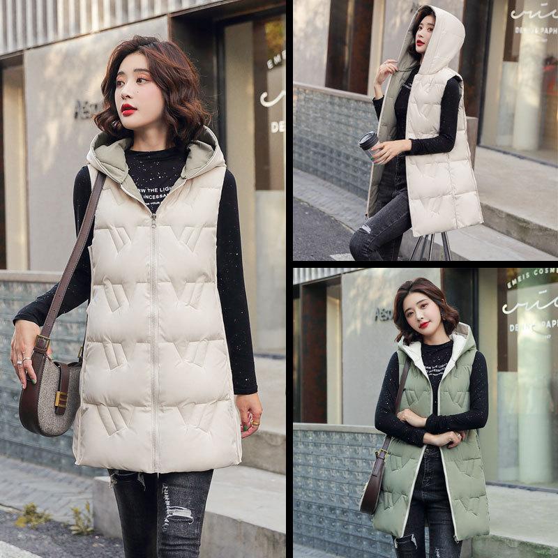 Autumn and Winter Women's Solid Color Loose Vest Hooded Long Reversible Vest Jacket Cotton Padded Women's Windproof Warm Vest
