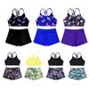 2Pcs Kids Girls Tankini Swimsuits Floral Printed Sports Suit Criss Cross Straps Tank Crop Top and Shorts Set Swimwear Beach Bathing Suits