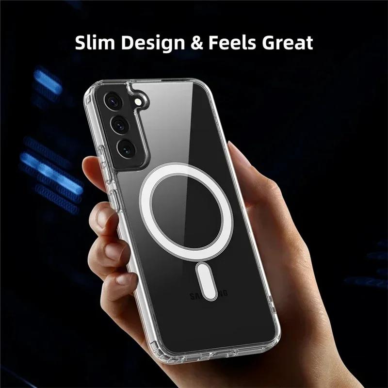 Оригинальный Магнитный Чехол Magsafe для Samsung Galaxy S25 S24 S23 S21 FE S22 Ultra Plus Беспроводная Зарядка Ударопрочный Прозрачный Чехол