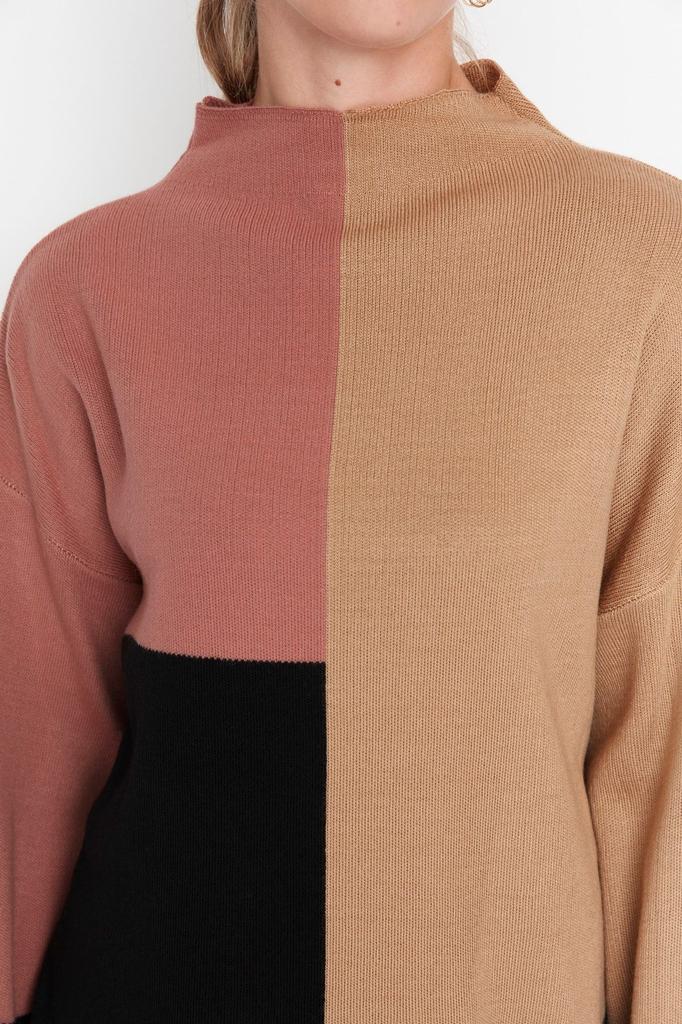 Women's Fashionable Stylish Hijab Sweater Stone Color Block High Collar Knitwear Sweater