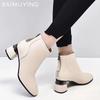 Ankle Boots Leather Winter Women Shoes Square Toe High Heels Designer Shoes 2025 Trend Classic Chunky Pumps Chelsea Botas Mujer