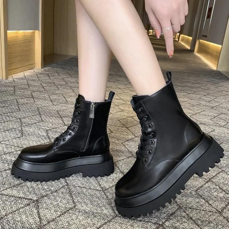 Модные ботильоны женские зимние однотонные botas mujer дышащие увеличенные мотоциклетные ботинки на платформе модные черные sapatos feminino