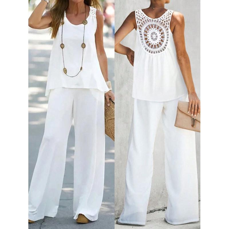 Элегантный отпускной однотонный топ с рукавом три четверти и комплект широких брюк